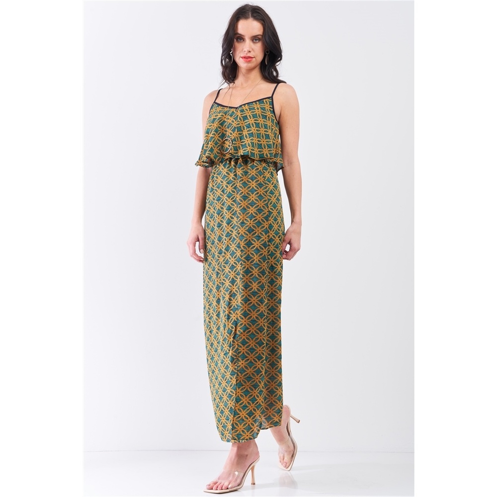 Mustard Multi Printed Sleeveless Criss-cross Back Side Slit Detail Maxi Dress - Picture 2 of 6